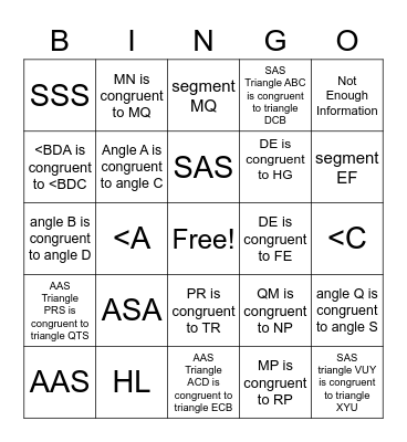 Geometry Triangle Congruence Bingo Card