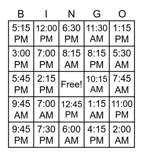 TIME TIME TIME Bingo Card