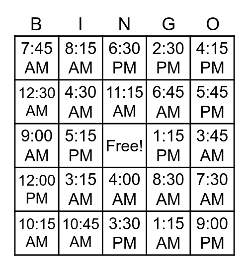 TIME TIME TIME Bingo Card