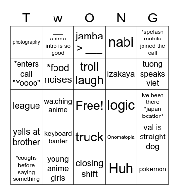 Twong Bingo Card