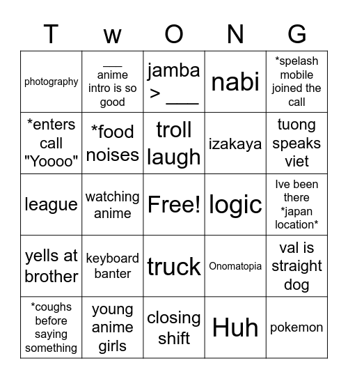 Twong Bingo Card