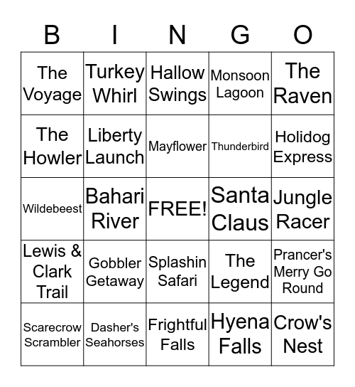 Holiday World Bingo Card