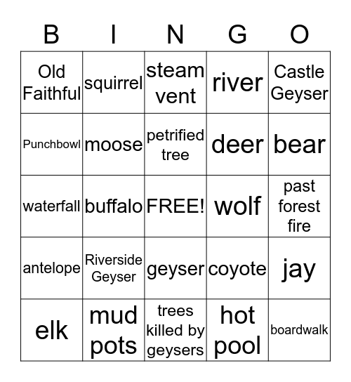 Yellowstone Bingo Card