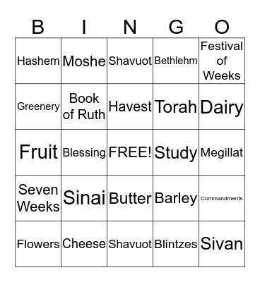 Shavuot Bingo Card