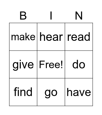 irregular verbs Bingo Card