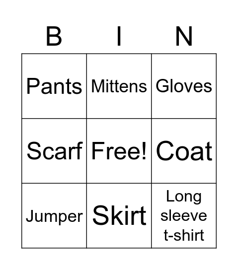 Winter Clothes Bingo Card