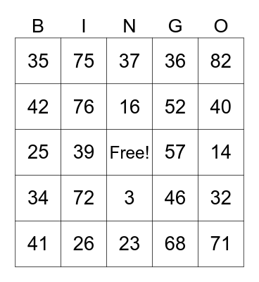 Bingo 1-90, free space Bingo Card