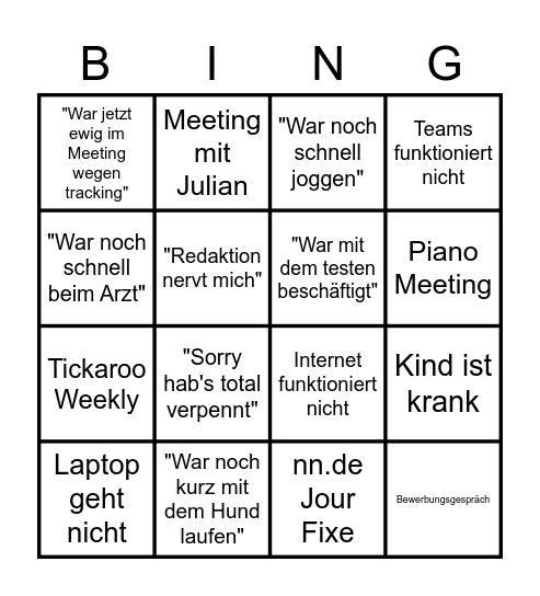 Christian kommt zu spät zum Meeting Bingo Card