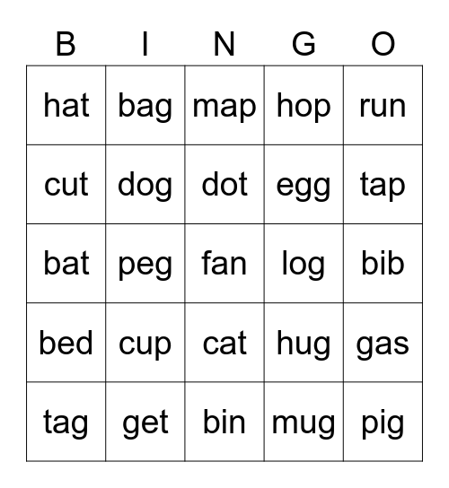 Phonics 3 letter words Bingo Card