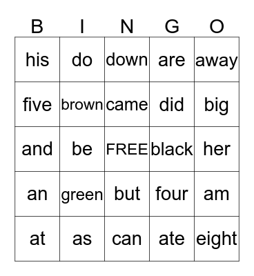 SIGHT WORDS Bingo Card