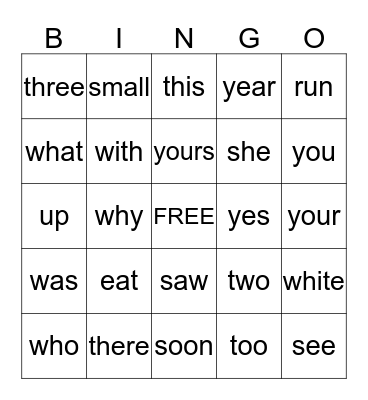 SIGHT WORDS Bingo Card