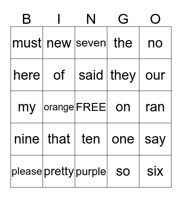 SIGHT WORDS Bingo Card