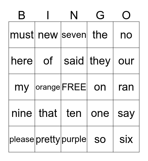 SIGHT WORDS Bingo Card