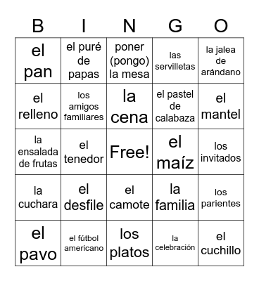 El Día de Acción de Gracias Bingo Card