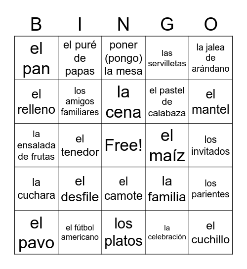 El Día de Acción de Gracias Bingo Card