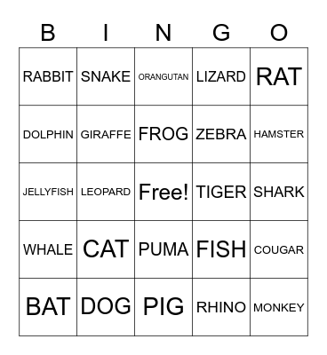 ANIMALS Bingo Card