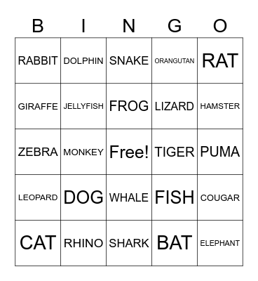 ANIMALS Bingo Card