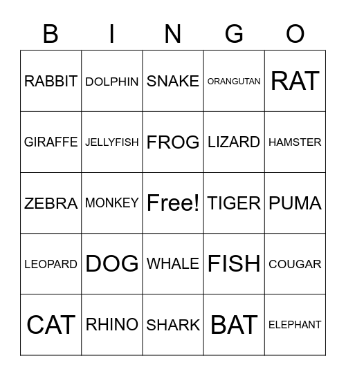 ANIMALS Bingo Card