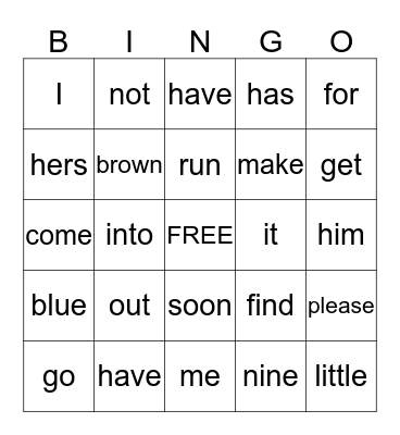 SIGHT WORDS Bingo Card