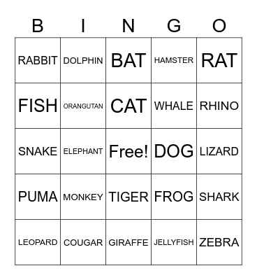 ANIMALS Bingo Card