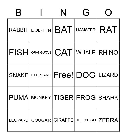 ANIMALS Bingo Card