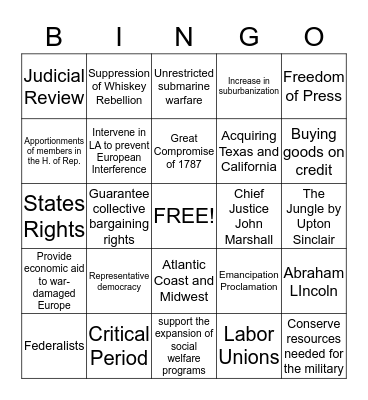 USHG Regents Review 2 Jun 14 Bingo Card