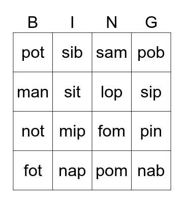 CVC A, I, O Bingo Card