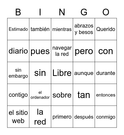 La Tecnología/Escribiendo Cartas Bingo Card