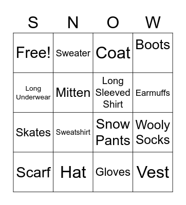 Winter Clothes Bingo Card