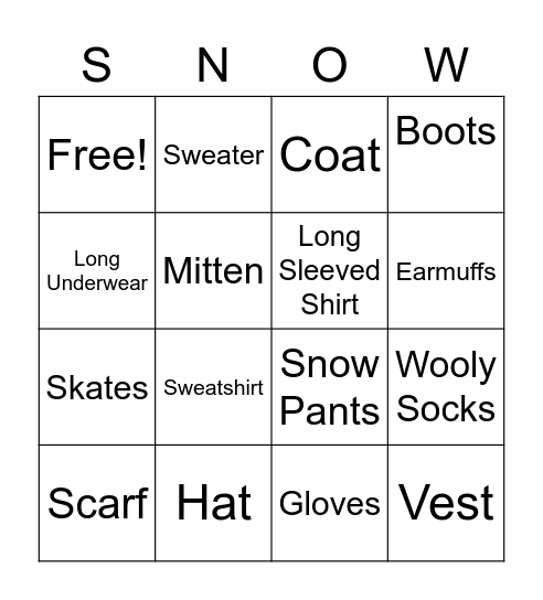 Winter Clothes Bingo Card