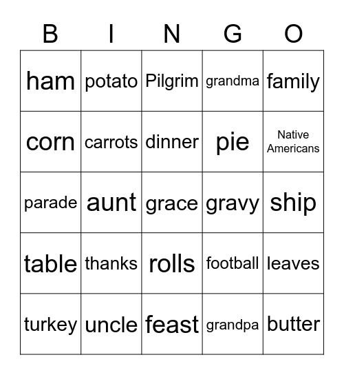 Turkeyingo Bingo Card