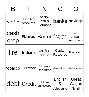 Colonial Virginia Bingo Card