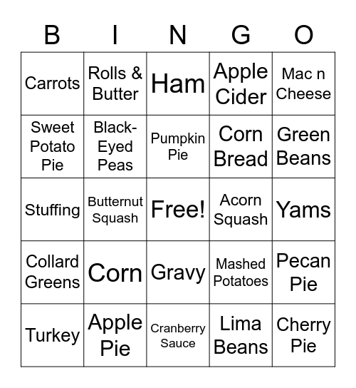 Thanksgiving Dinner Bingo Card