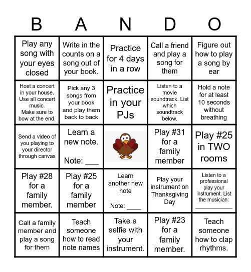 Thanksgiving Band Bingo Card