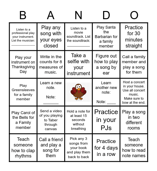 Symphonic Band Bingo Card