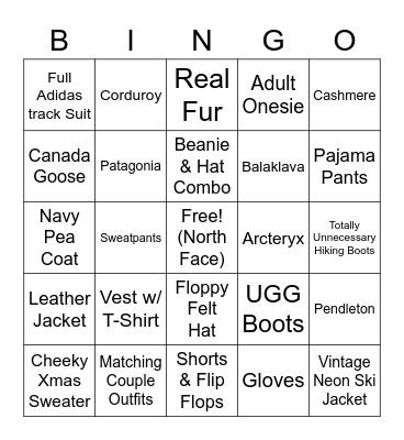 Winter Fashion Bingo Card