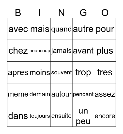Les mots outils Bingo Card