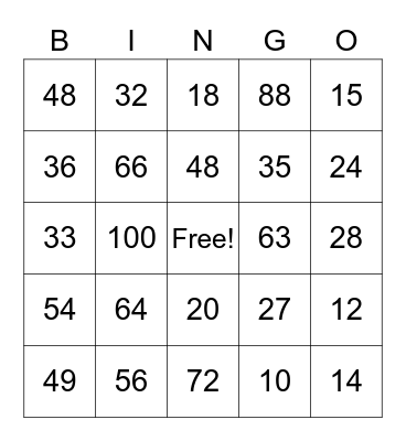 Multiplication Facts Bingo Card