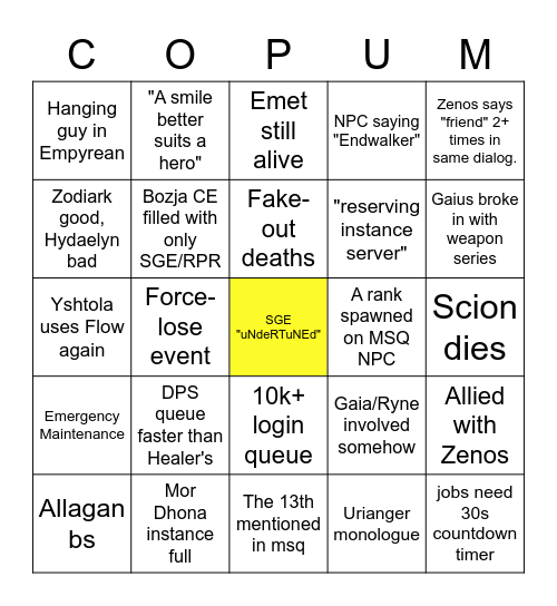 FFXIV Endwalker 6.0 Bingo Card