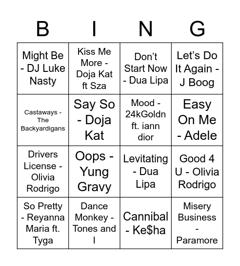 Iconic Tik Tok Songs Bingo Card