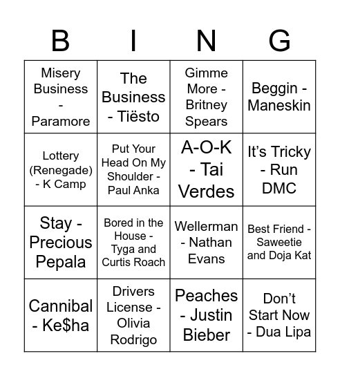 Iconic Tik Tok Songs Bingo Card