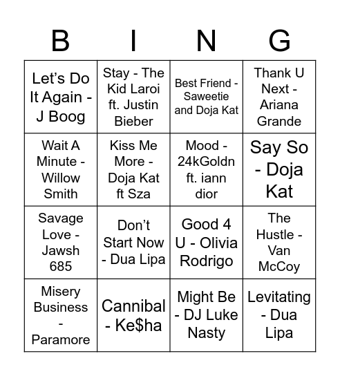 Iconic Tik Tok Songs Bingo Card