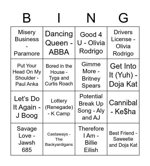 Iconic Tik Tok Songs Bingo Card