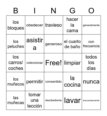 BINGO de Español 2 Unidad 5 Bingo Card