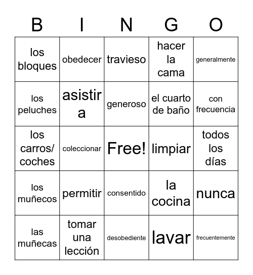 BINGO de Español 2 Unidad 5 Bingo Card