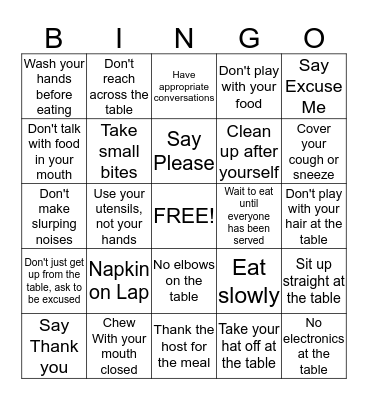 TABLE MANNERS Bingo Card