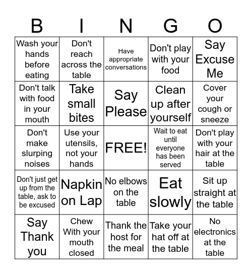 TABLE MANNERS Bingo Card