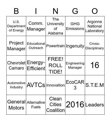UA EcoCAR 3 Bingo Card