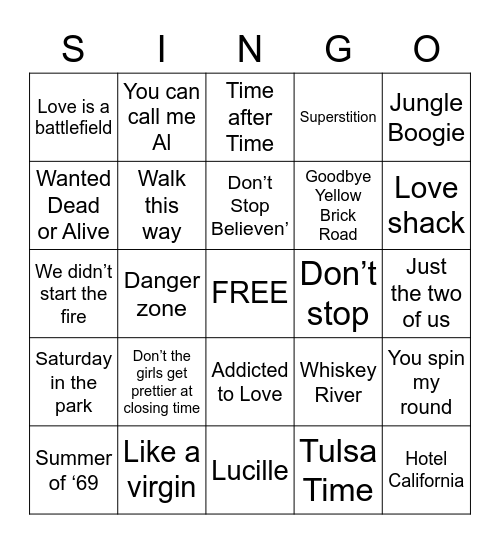70’s and 80’s Singo Bingo Card