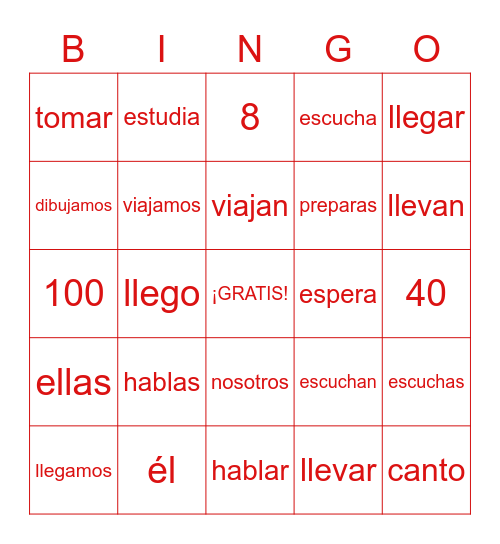 -AR Verbs/Numbers to 100 Bingo Card